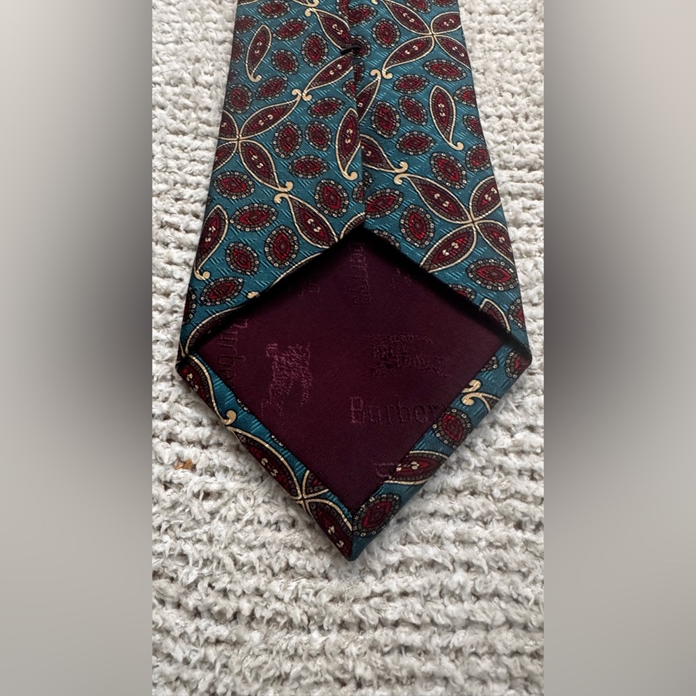 Burberry Teal and Burgundy Paisley Silk Tie with Gold Accents